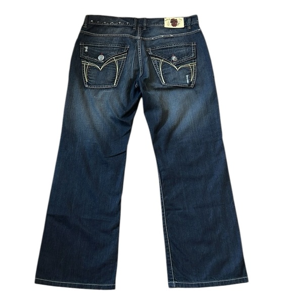 Y2K Laguna Beach Distressed Jeans Dark Blue Flap Pockets Embroidered Skull 38x31 - Picture 1 of 16